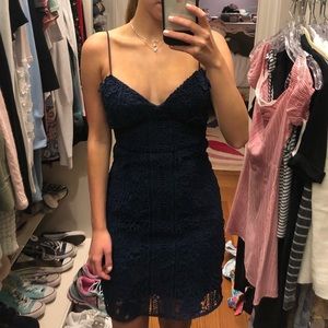 Blue cocktail dress with crochet overlay